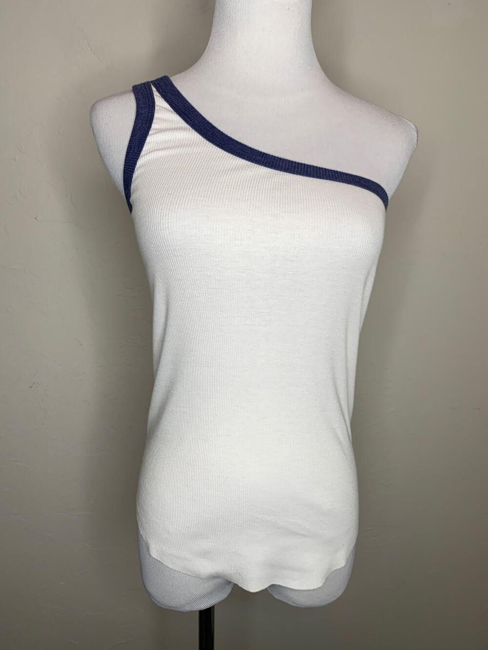 Wildfox White Blue Trim One Shoulder Ribbed T shirt Size Small
